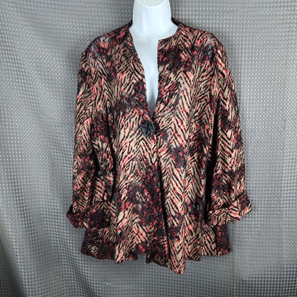 Come N See Womens Large Sheer Animal Print Open Front Cardigan Red Black CV-297